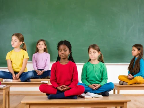 Group of elementary students practicing mindfulness meditation together in classroom setting