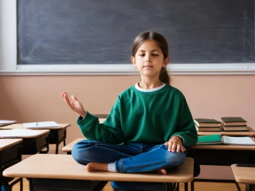 Elementary school student practicing mindfulness meditation sitting cross-legged on desk in classroom
