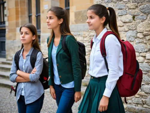 Three young girls walking to school together after back to school period