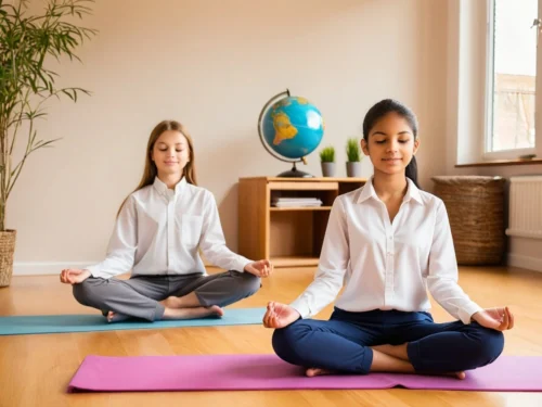 Two female students sitting cross-legged on floor practicing mindfulness meditation together in classroom