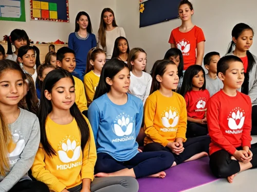 New students sitting cross-legged on classroom floor during guided mindfulness meditation session