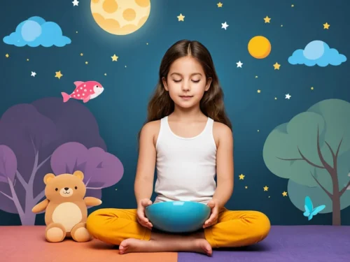 Little girl sitting cross-legged on the floor, eyes closed, practicing meditation