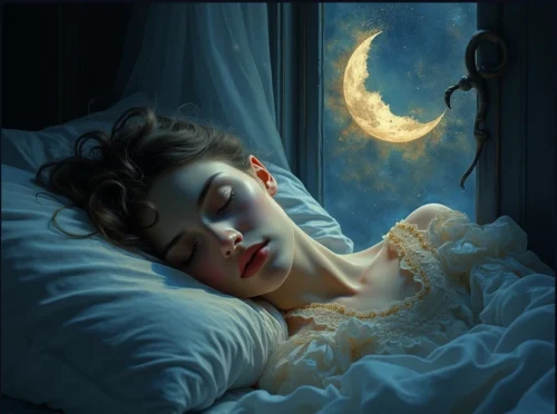 A young woman sleeping peacefully on her bed after mindfulness practice, with a crescent moon glowing softly beyond the window.
