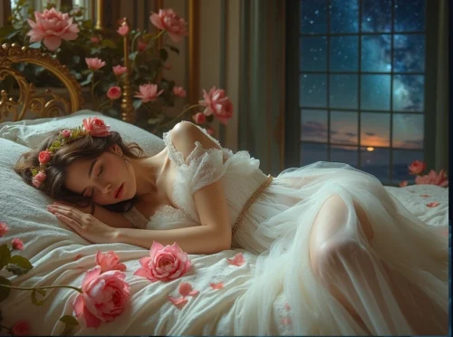 A young woman sleeping peacefully on her bed covered with flowers, showing calm and restful sleep after mindfulness practice