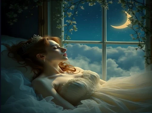 A young woman sleeping peacefully on her bed after mindfulness practice, with a crescent moon shining softly through the window.