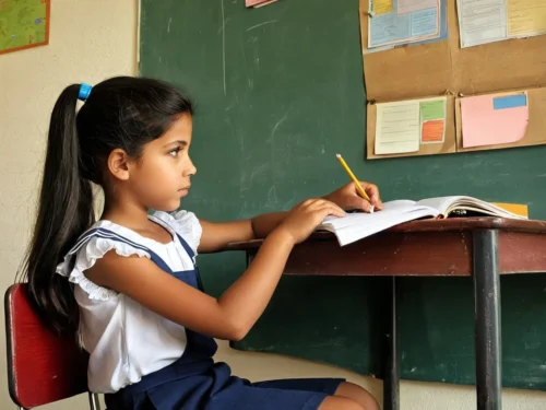 Young girl doing homework peacefully at desk in front of blackboard