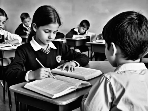 Two children sitting across from each other at classroom table doing homework peacefully