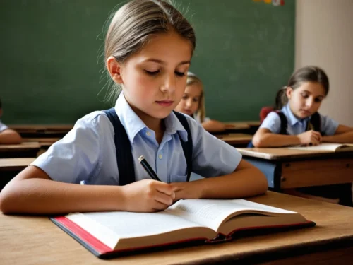 Young girl doing homework calmly at her desk in classroom with classmates