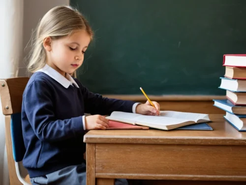 Young girl doing homework peacefully at her desk with focused concentration