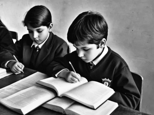 Two boys sitting side by side at classroom table doing homework peacefully