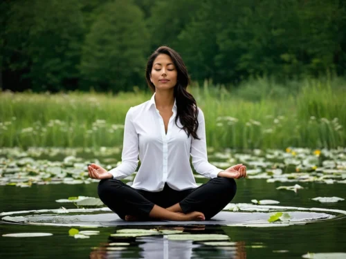 A solitary woman meditating in the middle of a serene lake, surrounded by blooming aquatic flowers