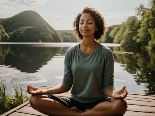 A solitary woman in deep meditation on a terrace overlooking a flowing river and surrounding trees