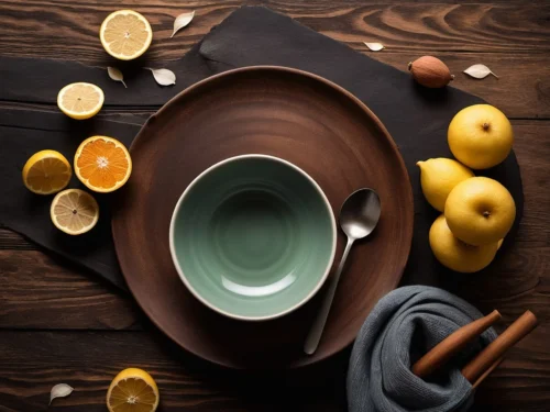 Simple plate with two apples and a lemon, symbolizing minimalist fasting and meditation practice
