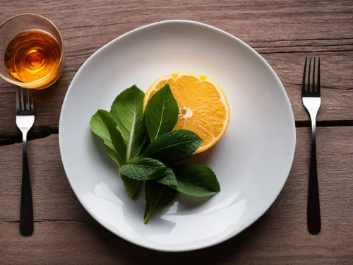 Single orange slice with fresh mint leaves on a plate, symbolizing mindful fasting and meditation