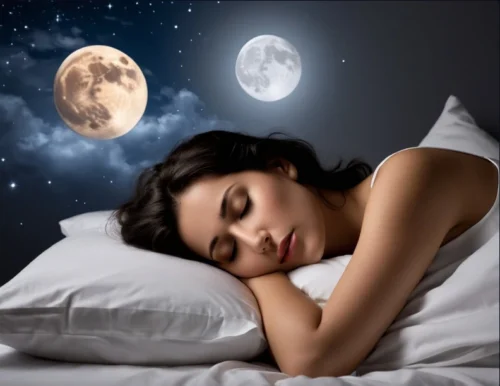 A young woman sleeping peacefully on her bed at night, bathed in soft moonlight from a full moon.